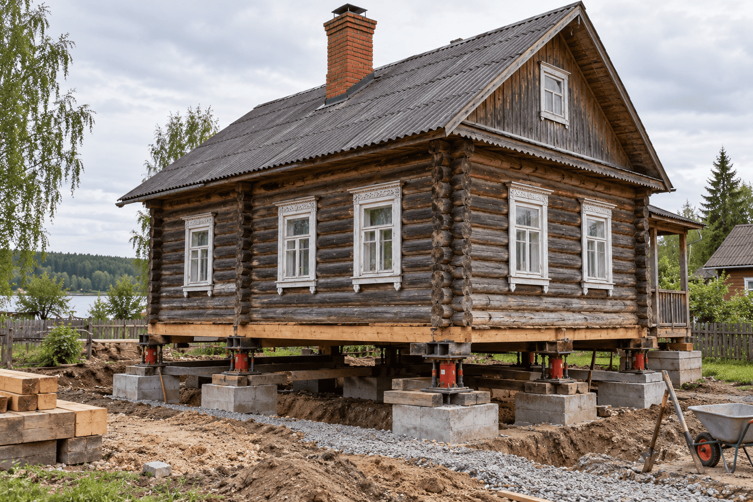 подъём дома с кирпичной печью и дымоходом